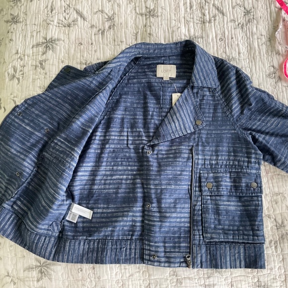 NWT Ann Taylor LOFT Denim Moto Jacket Blue Stripe Turn-up Sleeves Pockets Snaps - Picture 7 of 8